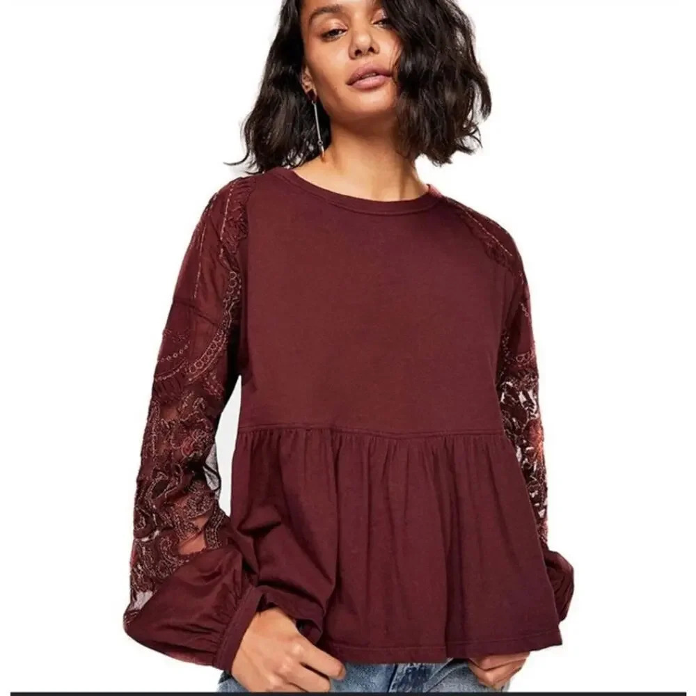 Free People Red Wine Embroidered Penny Tee Mesh Balloon Sleeve Top peasant XS